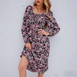 Vintage Floral Puff Sleeve Backless Dress Square Neck Autumn Collection Elegant Style Wholesale