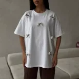 Womens Short Sleeve T Shirt Sweet Bow Design Loose Fit Round Neck Cotton Fabric Spring Summer Ca