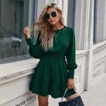 Elegant Round Neck Long Sleeve Dress Summer Style Mid Waist Solid Color Perfect for Casual Outin