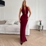 Elegant Womens V Neck Halter Backless Dress Ruffled High Waist Solid Color Perfect for Parties a