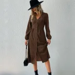 Fashionable Womens Long Sleeve Dress V Neck Single Breasted Elegant Design Autumn Wear Wholesale