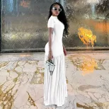 Elegant Womens Midi Dress Round Neck Short Sleeve Bodycon Fit Pleated Color Block Casual or Even