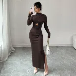 Elegant Long Sleeve Bodycon Dress Sexy Side Slit Waist Cutout Mid Length Spring Summer Fashion W