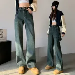 水泥灰窄版阔腿牛仔裤女春季2024潮流百搭新款高腰显瘦宽松直筒裤