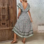 Vintage Bohemian Ruffle Hem V Neck Printed Dress Elegant Design Comfortable Fabric Perfect for S