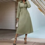 Womens Army Green Slim Fit Shirt Dress with Collar for Elegant Office Wear Low MOQ