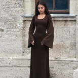 Fashionable Loose Fit U Neck Long Sleeve Dress Back Tie Design Autumn Collection Wholesale Avail