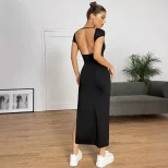 Elegant Backless Bodycon Maxi Dress Sexy Design Waist Cinching Side Slit Spring Summer Fashion W