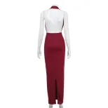 Elegant Womens V Neck Halter Backless Dress Ruffled High Waist Solid Color Perfect for Parties a