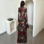 Fashionable Womens Long Sleeve Top Semi High Neck Animal Print High Slit Design Spring Collectio