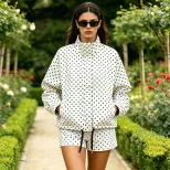 Polka Dot Stand Collar Loose Jacket and High Waist Mini Shorts Set Womens Two Piece Outfit Casua