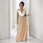 Elegant V Neck Color Block Sleeveless Dress High End Design Perfect for Evening Parties and Wedd