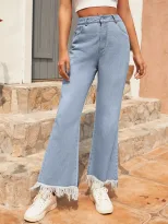 Womens Straight Leg Casual Jeans Versatile Flared Hem Distressed Finish Comfortable Fit Perfect