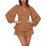 Womens Ruffled Jumpsuit Lantern Long Sleeves Square Neck Waist Cinching Chic Style Summer Casual