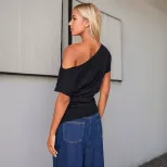 Off Shoulder Slim Fit T Shirt Short Sleeve Asymmetrical Neckline Spring Summer Style Wholesale A