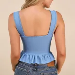 Womens Summer Sleeveless Top Solid Color Ruffled Shoulder Straps Square Neck Asymmetrical Design