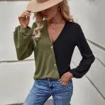 Womens Color Block Long Sleeve T Shirt Loose Fit Pocket Design Casual Style Perfect for Everyday