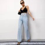 High Waisted Wide Leg Jeans Summer Style Tie Design Washed Fabric Casual Wear for Women Ready to