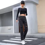 Slim Fit Ripped Straight Leg Jeans Womens Casual Denim Trousers Trendy for Everyday Wear Ready t