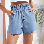 High Waisted Loose Fit Denim Shorts Frayed Hem Fashionable Style Womens Casual Wear Ready to Shi