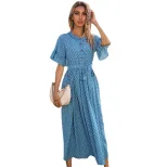 Floral Print Ruffle Sleeve Dress Round Neck Black Polka Dot Summer Style Wholesale Available