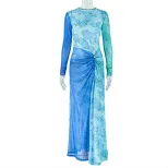 Fresh European Style Womens Dress Breathable Mesh Fitted Waist Long Sleeve Round Neck Split Hem