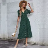 Womens Summer Dress Short Sleeve V Neck Button Design Polka Dot Pattern Casual Midi Length