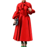 Fashionable High Waisted Lantern Sleeve Dress Plus Size Bow Tie Flared Skirt Spring Summer Occas