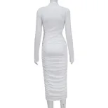 Elegant Bodycon Dress Long Sleeve Hollow Out Ruffled Design Solid Color Spring Fall Occasion Who