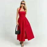Vintage French Style Halter Neck Tie Dress Backless Waist Cinching Flared Hem High Slit Perfect
