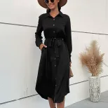 Elegant Black Long Dress Shirt Collar Autumn Winter European and American Style Perfect for Offi