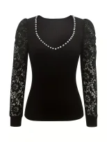 Black Beaded Womens T Shirt Slim Fit Lace Panel Long Sleeve Street Style Casual Wear Ready to Sh