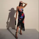 Summer Womens Strapless Dress Floral Print Fringe Hem Mid Length Beach Vacation Style Wholesale