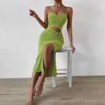Hollow Out Split Hem Bodycon Knit Dress Adjustable Spaghetti Straps Figure Hugging Fit Sexy Styl