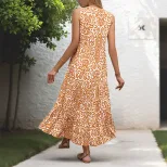 Sleeveless V Neck Abstract Floral Print Dress Summer Style Lightweight Fabric Trendy Design Whol