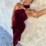 Velvet Backless Maxi Dress with Metal Buckle Waist Detail for Elegant Occasions in Red Sizes S to XL
