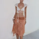 Spring Womens Sexy Hollow Out Crop Top Short Flutter Sleeves Tie Design Trendy Style Perfect for