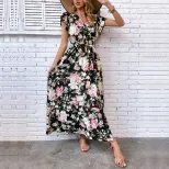 Summer Floral Maxi Dress Mid Length Split Design Lightweight Fabric Beach Vacation Wear Wholesal
