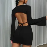 Womens Long Sleeve Bodycon Dress Sexy Backless Round Neck Flared Sleeve Perfect for Parties and