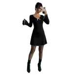 Elegant Black and White Color Block Knit Dress Flared Sleeves Slim Fit A Line Silhouette Perfect