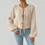 Elegant Womens T Shirt Loose Fit Short Length Tie Front Design Autumn Winter Casual Wear Wholesa