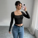 Long Sleeve Cropped T Shirt Sexy Slim Fit Square Neck Stretch Fabric Autumn Fashion for Women Wh