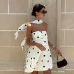 Chic Strapless Dress Elegant Loose Fit Polka Dot Print Stylish Neck Scarf Perfect for Parties an