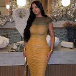 Color Block Gradient Ruched Bodycon Dress Elegant Long Silhouette Round Neck Slim Fit Perfect fo