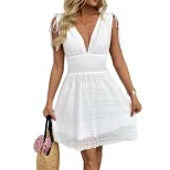 Summer Vacation Dress Fresh White V Neck Mini Dress with Shoulder Straps Lightweight Fabric for