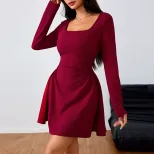 Elegant Square Neck High Waisted Dress Spring Summer Collection Fashionable Design Womens Appare
