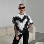 Womens Ruffled Heart Design T Shirt Soft Cotton Loose Fit Round Neck Stylish Layered Look Casual