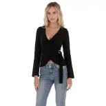 Womens Black V Neck Long Sleeve Knit Top Unique French Design Waist Tie Gold Ring Detail Casual