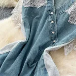 V Neck Lace Panel Short Sleeve Denim Dress for Women Slim Fit Summer Style Available in Blue Wholesale Sizes M to XXL