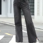 High Waisted Loose Fit Denim Trousers Slimming Design Trendy Style Comfortable Fabric Casual Wea